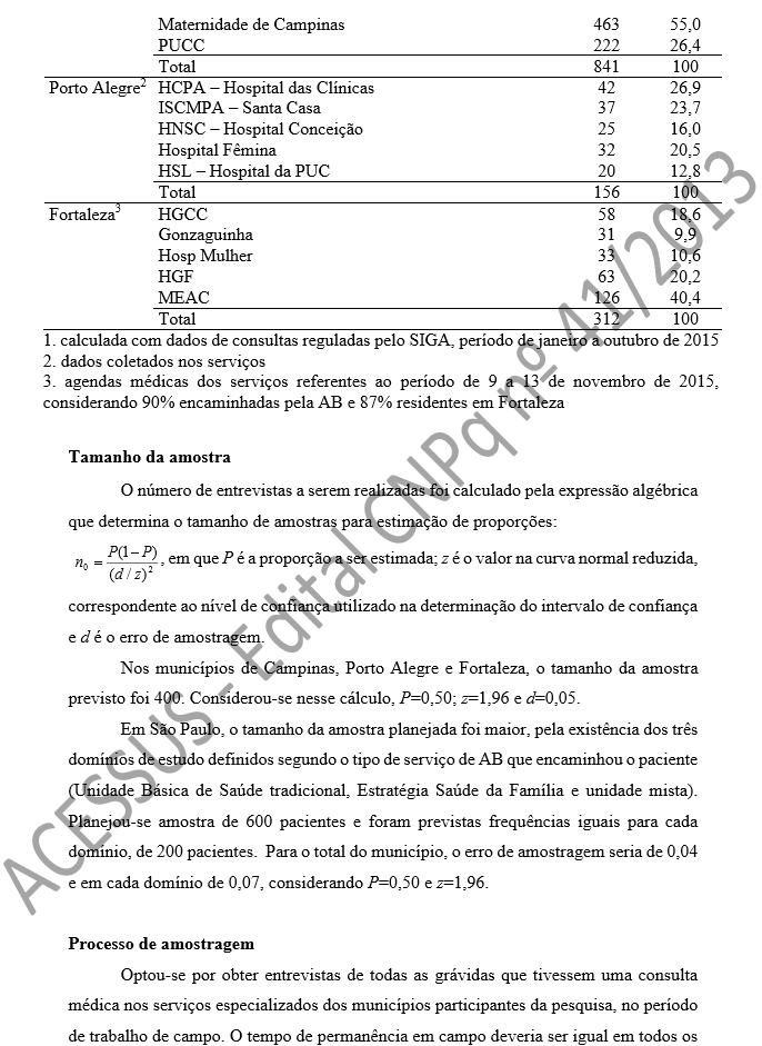 Tamanho da amostra O número de entrevistas a serem realizadas foi calculado pela expressão algébrica que determina o tamanho de amostras para estimação de proporções:   , em que P é a proporção a ser estimada; z é o valor na curva normal reduzida, correspondente ao nível de confiança utilizado na determinação do intervalo de confiança e d é o erro de amostragem.   Nos municípios de Campinas, Porto Alegre e Fortaleza, o tamanho da amostra previsto foi 400. Considerou-se nesse cálculo, P=0,50; z=1,96 e d=0,05. Em São Paulo, o tamanho da amostra planejada foi maior, pela existência dos três domínios de estudo definidos segundo o tipo de serviço de AB que encaminhou o paciente (Unidade Básica de Saúde tradicional, Estratégia Saúde da Família e unidade mista). Planejou-se amostra de 600 pacientes e foram previstas frequências iguais para cada domínio, de 200 pacientes.  Para o total do município, o erro de amostragem seria de 0,04 e em cada domínio de 0,07, considerando P=0,50 e z=1,96.  Processo de amostragem Optou-se por obter entrevistas de todas as grávidas que tivessem uma consulta médica nos serviços especializados dos municípios participantes da pesquisa, no período de trabalho de campo. O tempo de permanência em campo deveria ser igual em todos os 