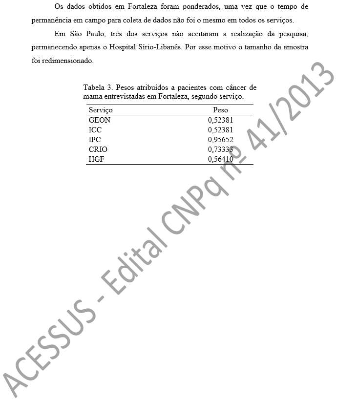 Os dados obtidos em Fortaleza foram ponderados, uma vez que o tempo de permanência em campo para coleta de dados não foi o mesmo em todos os serviços.  Em São Paulo, três dos serviços não aceitaram a realização da pesquisa, permanecendo apenas o Hospital Sírio-Libanês. Por esse motivo o tamanho da amostra foi redimensionado.  Tabela 3. Pesos atribuídos a pacientes com câncer de mama entrevistadas em Fortaleza, segundo serviço. 